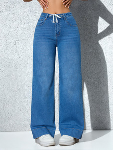 Pantalons en jean élastiques amples et personnalisés pour femmes, pantalons à jambes droites et larges pour femmes - Product Image 1