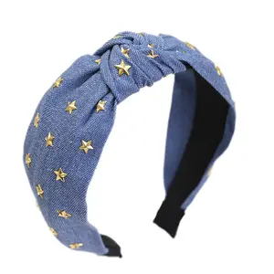 2024 Hoge Kwaliteit Denim Blauwe Hoofdband Schattige Mini Ster Decoratie Geknoopte Hoofdband Voor Vrouwen