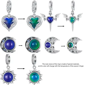 HOT 925 Sterling Silver Temperature Change Color Mood Charm Pendants Emotion Stone Moon Heart Beads for DIY Bracelet Necklace