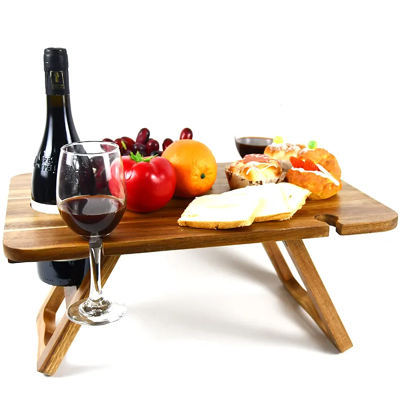 Klappbarer Picknick-Camping-Tisch im Freien Abnehmbarer Wein-und Snack halter, tragbarer Akazien-Picknick tisch aus Holz mit verstellbarem Bein