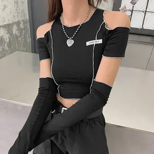 Women Chic Streetwear Patchwork Purple Tanks Harajuku Punk O Neck Bodycon Crop Tops Sexy Casual Removable Sleeve Tops ecowalson