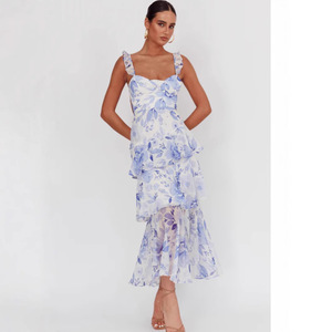 Vestido de Cóctel para Mujer, Estampado Floral, Cintura Imperio, Cuello Cuadrado, Vestido Midi Plisado de Varias Capas, Transpirable, a la Moda, para Primavera - Product Image 1