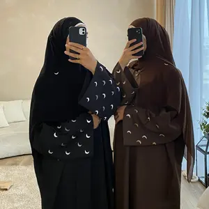 最新のトルコEID控えめなドバイアバヤ女の子着物イスラム教徒の女性ドレス高級かわいい月刺Embroidery袖リネンオープンアバヤ