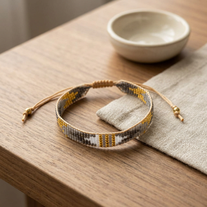 Sstringz Handmade Gold Metallic, Ivory White & Charcoal Grey Miyuki Delica <b>Bead</b> <b>Bracelet</b> with Tribal Geometric Pattern - Product Image 6
