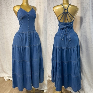 Nouvelle Arrivée <span class=keywords><strong>Robe</strong></span> <span class=keywords><strong>Longue</strong></span> D'<span class=keywords><strong>Été</strong></span> Sans Manches en Jean Boutonnière Femme Unique <span class=keywords><strong>Dos</strong></span> Nu Élégante <span class=keywords><strong>Robe</strong></span> Maxi Denim - Product Image 3