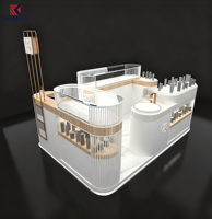 Kiosque de centre commercial incurvé effet marbre pour cosmétiques et parfums, avec poste de travail avec évier, cloison à lattes et enseigne de marque personnalisée pour la vente de produits de beauté