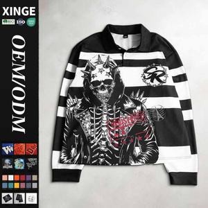 Nouvelle Arrivée Fournisseur Streetwear : Polo Homme Rayé à Manches Longues, Imprimé Numérique Crâne Halloween Personnalisé, Épaules Tombantes - Product Image 1