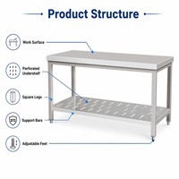 Table de travail multifonction en acier inoxydable avec égouttoir perforé, rangement inférieur et bords surélevés pour la préparation des aliments en cuisine