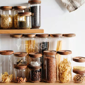 Wadah penyimpanan kaca dapur dengan tutup kayu, <span class=keywords><strong>Set</strong></span> toples kedap udara Ideal untuk menyimpan sereal makanan ringan dan kering - Product Image 1