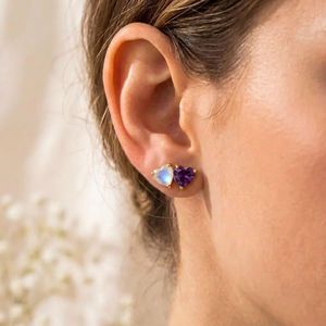 Boucles d'oreilles minimalistes en forme de cœur en pierre de lune arc-en-ciel et améthyste, en argent sterling 925 ou plaqué or 18 carats, pierres précieuses naturelles - Product Image 5