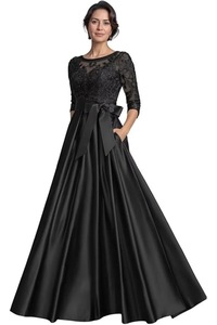 <span class=keywords><strong>Vestido</strong></span> de Noche Largo de Satén con Apliques de Encaje y Manga 3/4 <span class=keywords><strong>para</strong></span> <span class=keywords><strong>Boda</strong></span>, Cuello Redondo, <span class=keywords><strong>Vestido</strong></span> de Gala, Vestidos <span class=keywords><strong>para</strong></span> la Madre de la Novia - Product Image 4