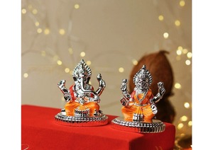 Silver Plated Ganesh Lakshmi Murti Set 2.7 Inch Hindu Religious Idol Decorative <b>Statue</b> Pooja Home Temple Decor Gift - Product Image 2
