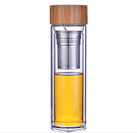 Bouteille d'eau en verre borosilicate à double paroi de luxe personnalisée de 420 ml, infuseur à thé en acier inoxydable, couvercle en bambou, anti-fuite