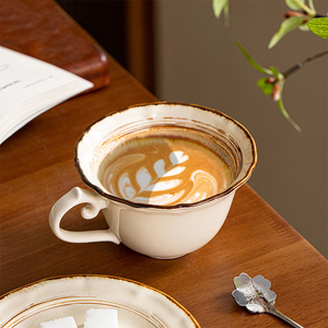 Japanese Style Ceramic Cup and Saucer <b>Set</b> 250ml Vintage <b>Coffee</b> <b>Mug</b> Wide Mouth Cappuccino Latte Cup - Product Image 2