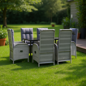 Conjunto de Comedor de Jardín de Ratán Gris para 6 Personas, Muebles de Exterior Resistentes a la Intemperie, Diseño Contemporáneo - Product Image 2