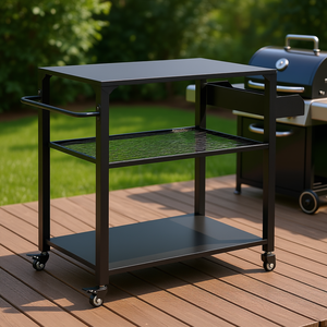 Chariot de barbecue extérieur à 3 niveaux avec roues, poignée latérale, étagères de rangement, support métallique pour ustensiles de cuisine, pour utilisation en extérieur - Product Image 2