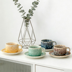 Ensemble de tasses et soucoupes à café en céramique en gros, de haute qualité esthétique, avec effet de transformation de glaçure de four, pour couples - Product Image 1