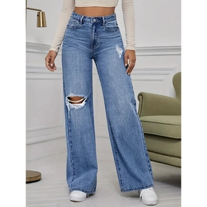 Jeans pour femmes à taille haute, coupe droite ample, déchirés, streetwear, denim bleu clair tendance - Product Image 1