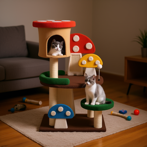 Árbol para gatos con casita, postes de sisal para rascar y jugar, multicolor, 4 niveles, estilo de dibujos animados, para interiores. - Product Image 2