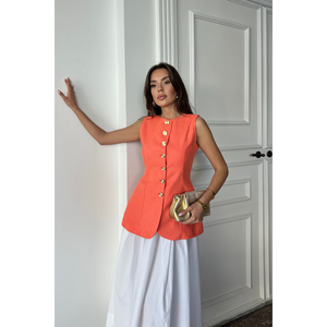 Chaleco de Lino Jacquard en Naranja con Botones Dorados, Cintura Ajustada y Decoración con Logotipo Vintage, Estilo Traje con Exterior de Algodón Tejido - Product Image 5