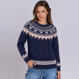 Suéter de Cuello Redondo Azul Marino para Mujer Talla Grande con Patrón de Lazo, Jersey de Punto de Manga Larga, Ropa Casual de Invierno - Product Image 1