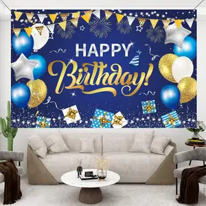 Birthday Digital Printing Navy Blue Gold Happy Birthday Backdrop Colth Birthday Party Photography Background Glitter