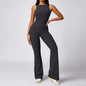 2024 Women 1 Piece Yoga Sport Jumpsuits And Rompers Playsuits Rib Leg Flare Pants Rompers Bodysuits