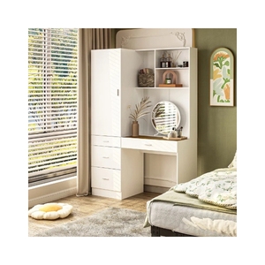 White Glass Top Modern Luxury Dressing Table Makeup Vanity Dressing <strong>Bedroom</strong> <strong>Set</strong> Mirror <strong>LED</strong> Lights Drawers Shelf with Wardrobe - Product Image 1