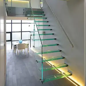 आधुनिक सीढ़ियों अनुकूलित सीढ़ियों फ्लोटिंग टेम्पर्ड ग्लास के साथ सीढ़ी Treads