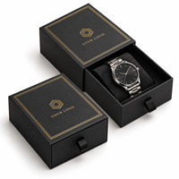 Boîte cadeau rigide noire mate de luxe avec logo personnalisé, dorure à chaud, ruban de tirage et coussin pour montre, pour l'emballage de montres-bracelets