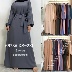 Venta caliente Color liso cerrado Abaya Slip Dress con bolsillos laterales y puños elásticos para mujeres musulmanas 6673 # - Product Image 2