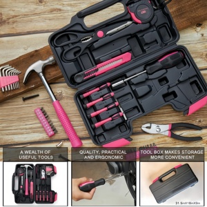 Juego de Herramientas para el Hogar de Aluminio Rosa/Rojo de 39 Piezas, Juego de Herramientas de Acero al Carbono con Estuche Rígido - Product Image 5