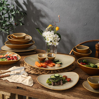Assiette de table haut de gamme en porcelaine fine de style américain, effet kiln-change jaune, pratique pour la maison, vaisselle de style vintage pour restaurant/hôtel