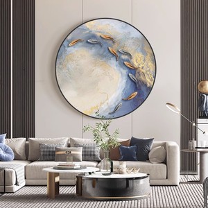 Hand Painted Oil <b>Painting</b> Nine Fish Circular 3D Abstract Art Wall Decor <b>For</b> Entryway Living Room Metal <b>Frame</b> Wood <b>Frame</b> - Product Image 4