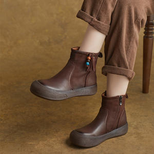 Botines con Cierre Lateral, Otoño Invierno, Nuevo Estilo Británico, Cuero Genuino, Punta Redonda, Tacón Plano, Botines Pop Over, Botas Martin, Zapatos de Mujer - Product Image 1