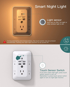 Grifo de pared de 5 vías con luz nocturna, módulo de cargador USB múltiple, tira de extensión de electricidad, <span class=keywords><strong>fuente</strong></span> de alimentación múltiple - Product Image 2