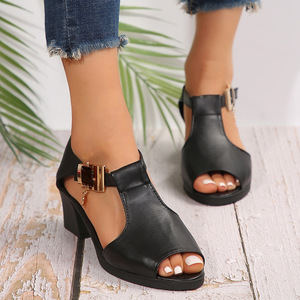 Women's Open Toe Fish Mouth Roman Sandals Mid Thick <b>Heel</b> Breathable Hollow Summer Casual Fashion <b>Heels</b> - Product Image 4