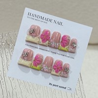 Ongles à presser pré-dessinés, style bec de canard, faits main, avec sculptures 3D, style français, blocs de couleurs rose-vert et accents diamantés – Meilleures ventes