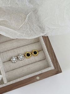 Dylam Stylish Tiny Women 925 Sterling Silver Rhodium 18K Gold Plated Flower Shape <b>Black</b> Agate <b>Stud</b> <b>Earrings</b> - Product Image 2