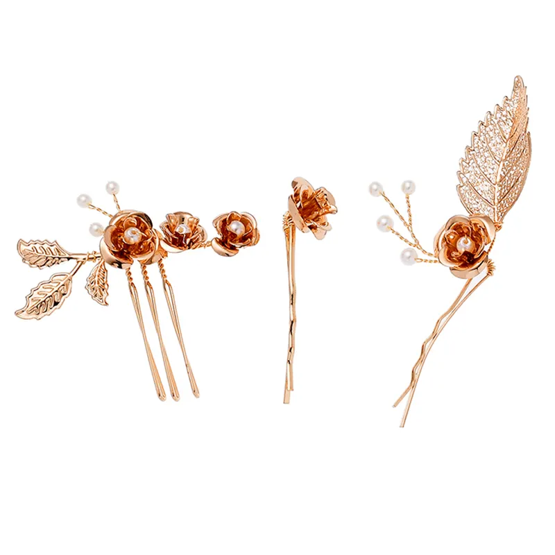 2020 Großhandel Mode Gold Blätter Blume Handgemachte Braut Kopfschmuck Set Hochzeit Braut Perlen Phantasie Haars pangen