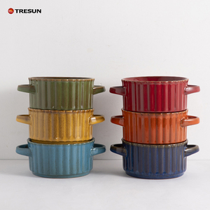 Color Glazed Ceramic <b>Soup</b> <b>Bowl</b> Customized Round <b>Soup</b> <b>Bowl</b> <b>with</b> Two <b>Handle</b> - Product Image 2