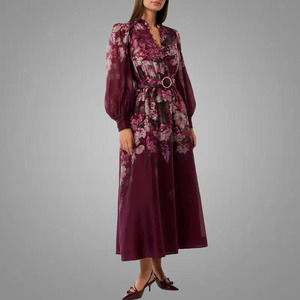Bán Buôn Dài Tay Áo Nút Phía Trước Maxi <span class=keywords><strong>Dresses</strong></span> Belted V Cổ Đẹp In Phụ Nữ Ăn Mặc Lượn Sóng Ren Phụ Nữ Thanh Lịch <span class=keywords><strong>Dresses</strong></span> - Product Image 2