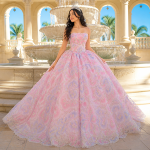6993 Superbe Robe de Bal Rose à Col Bateau, avec Perles, Appliques, Broderie Florale en Cristal, Traîne Chapelle, Longueur Ras du Sol, pour Soirée - Product Image 1