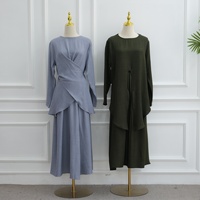 Ensemble Abaya 2 pièces Été 2026 – Tenue Islamique Modeste Couleur Unie en Crêpe Froissé Élégant avec Haut et Jupe Ajustables à la Taille