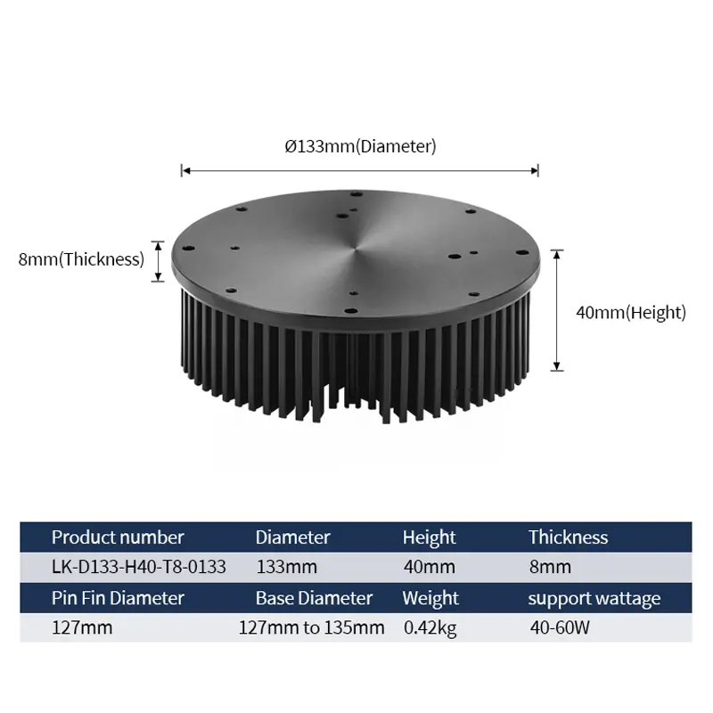 Refrigerador de alumínio com ventilador de fluxo axial, 40w de diâmetro 133mm e altura 40mm preto anodizando lâmpada led redonda pino de alumínio