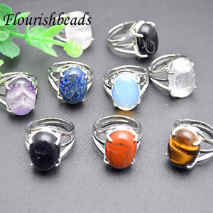 Bagues ouvertes en cuivre avec cabochons ovales en <span class=keywords><strong>cristal</strong></span> naturel (Lapis Lazuli, Œil de Tigre, Améthyste, Onyx) pour la fabrication de bijoux pour femmes - Product Image 2