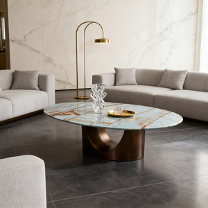 Bàn ăn hình <span class=keywords><strong>oval</strong></span> chân kim loại mạ vàng hiện đại, bàn trà hình tròn <span class=keywords><strong>oval</strong></span> mặt đá cẩm thạch cho nội thất gia đình - Product Image 1