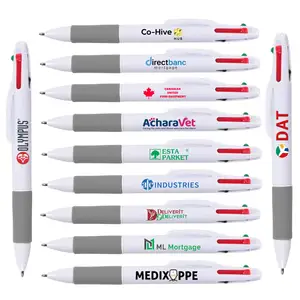 promotional plastic custom logo imprint 4 colour ink ball pen-black blue red green four color ink ballpoint pen with rubber grip