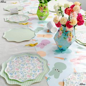 DAMAI - Vajilla Desechable para Fiesta de Té con Diseño Floral de Primavera, Cuadros Verdes, Lazos de Flores, Vasos de Papel, Servilletas y Platos - Product Image 1