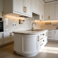 Meubles de cuisine blancs minimalistes de luxe avec îlot incurvé et vitrine rétroéclairée